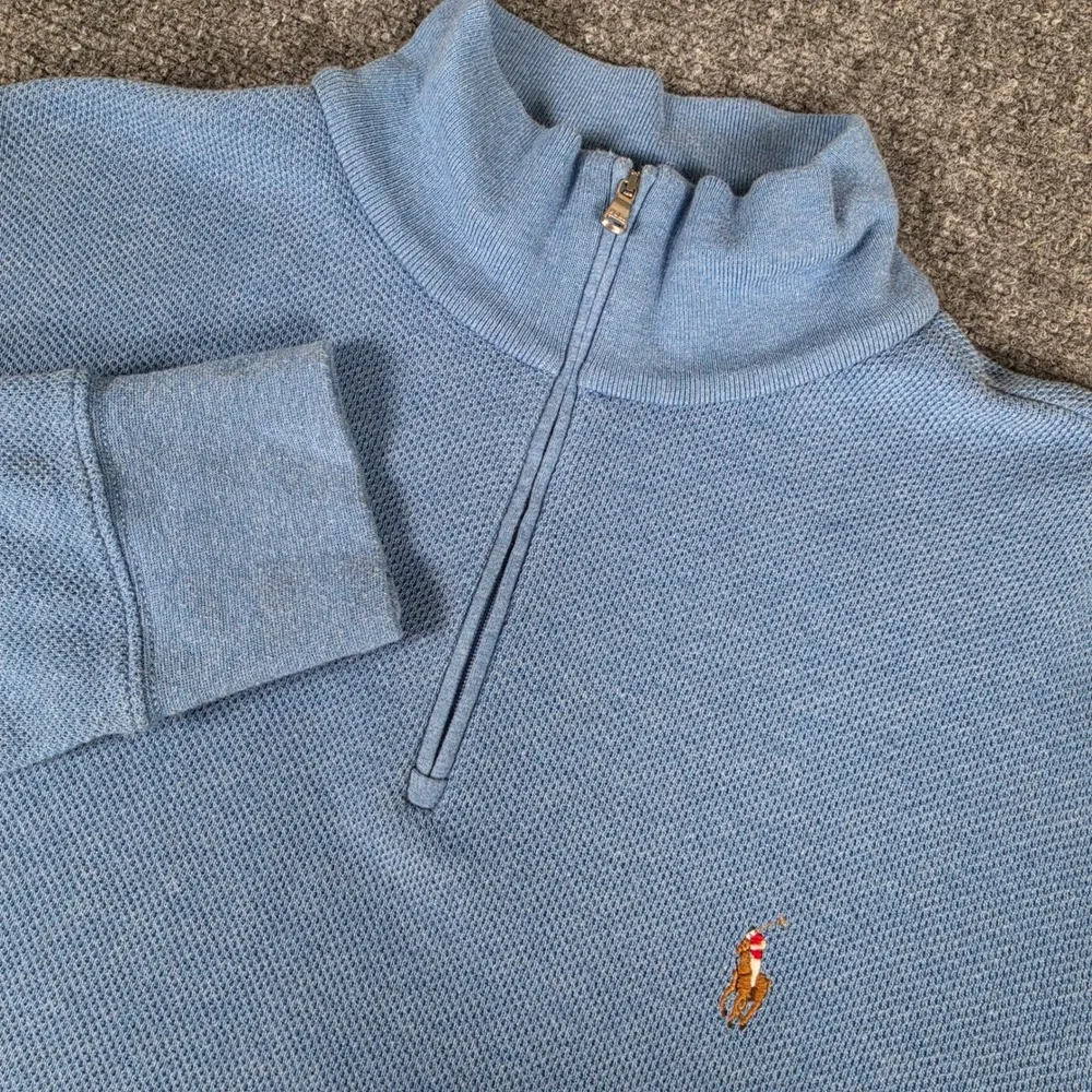 Polo Ralph Lauren Quarter Zip Sweater Mens L Blue Textured Cotton Flesh Pony